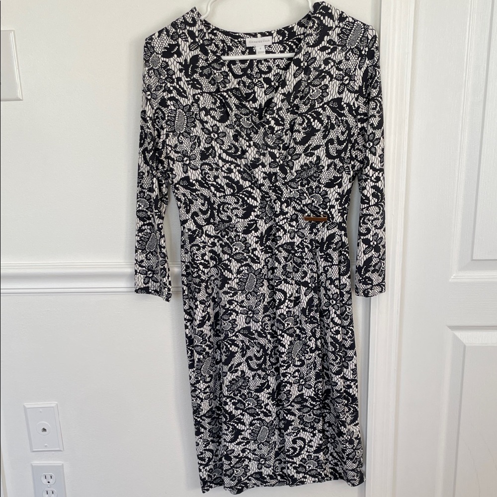 Charter Club Black and White Long Sleeve faux wrap Dress with gold buckle